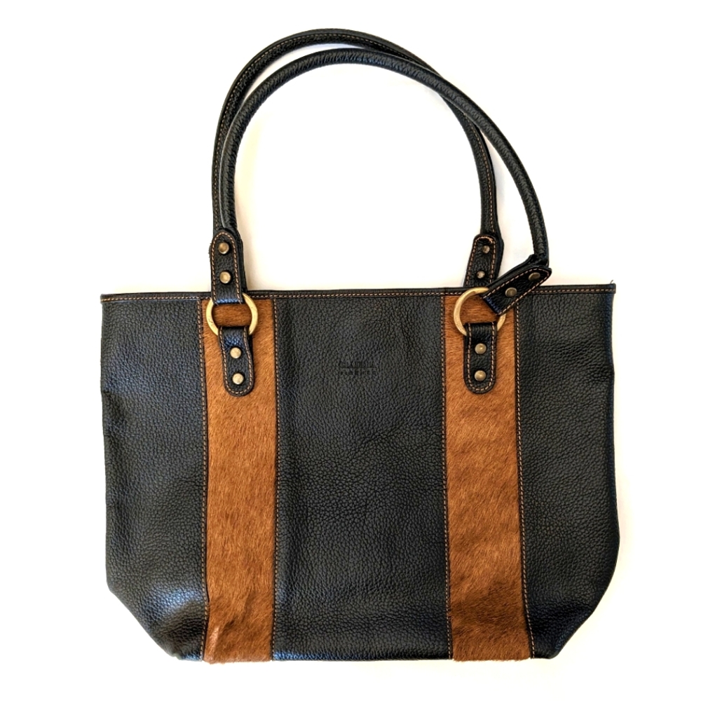 Claudia Firenze EUC Italian Black Leather Handbag w/Brown Fur Inset